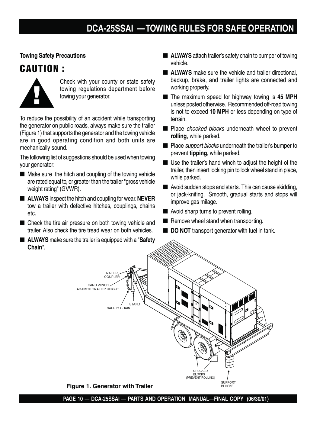 Multiquip operation manual DCA-25SSAI -TOWING RULES FOR SAFE OPERATION, Towing Safety Precautions 