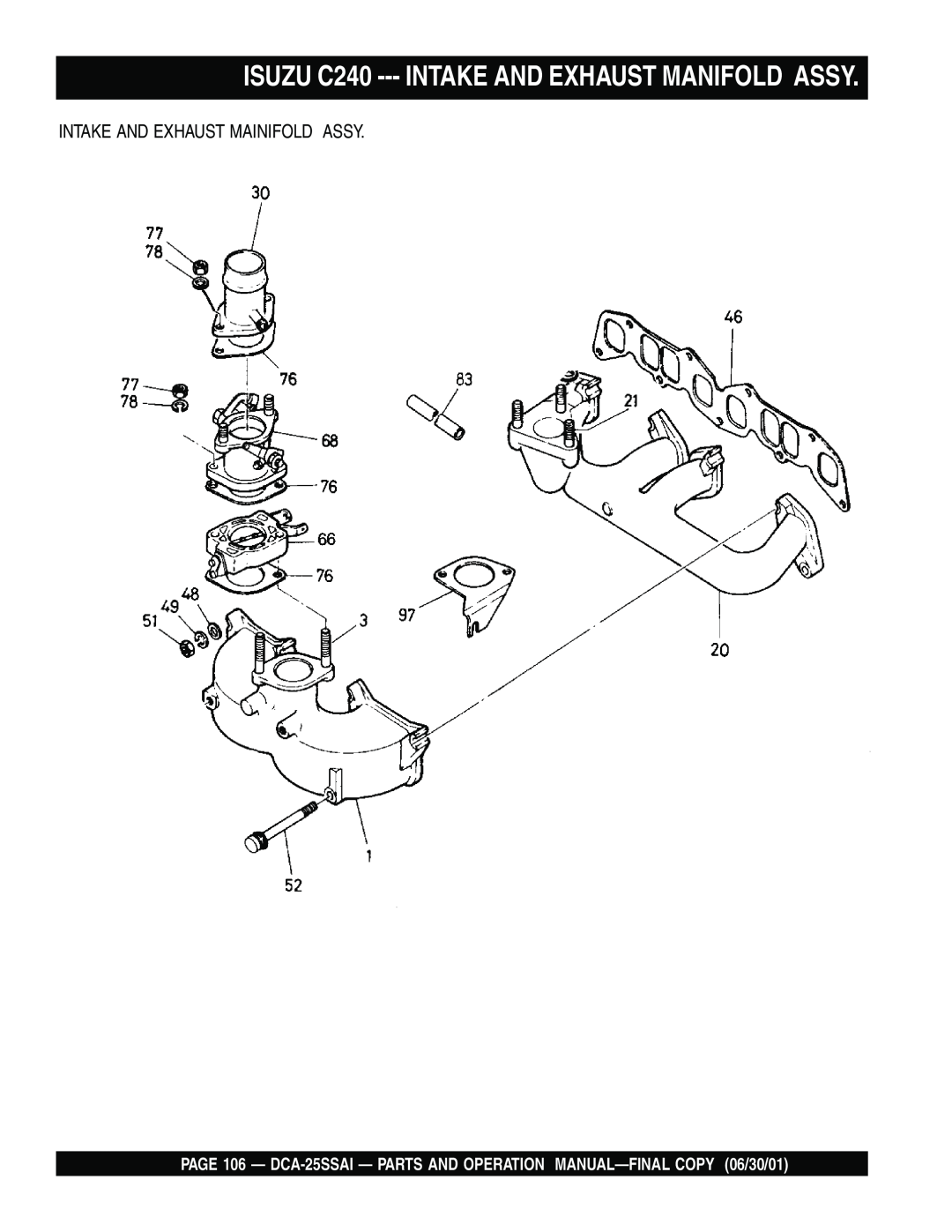 Multiquip DCA-25SSAI operation manual ISUZU C240 --- INTAKE AND EXHAUST MANIFOLD ASSY, Intake And Exhaust Mainifold Assy 