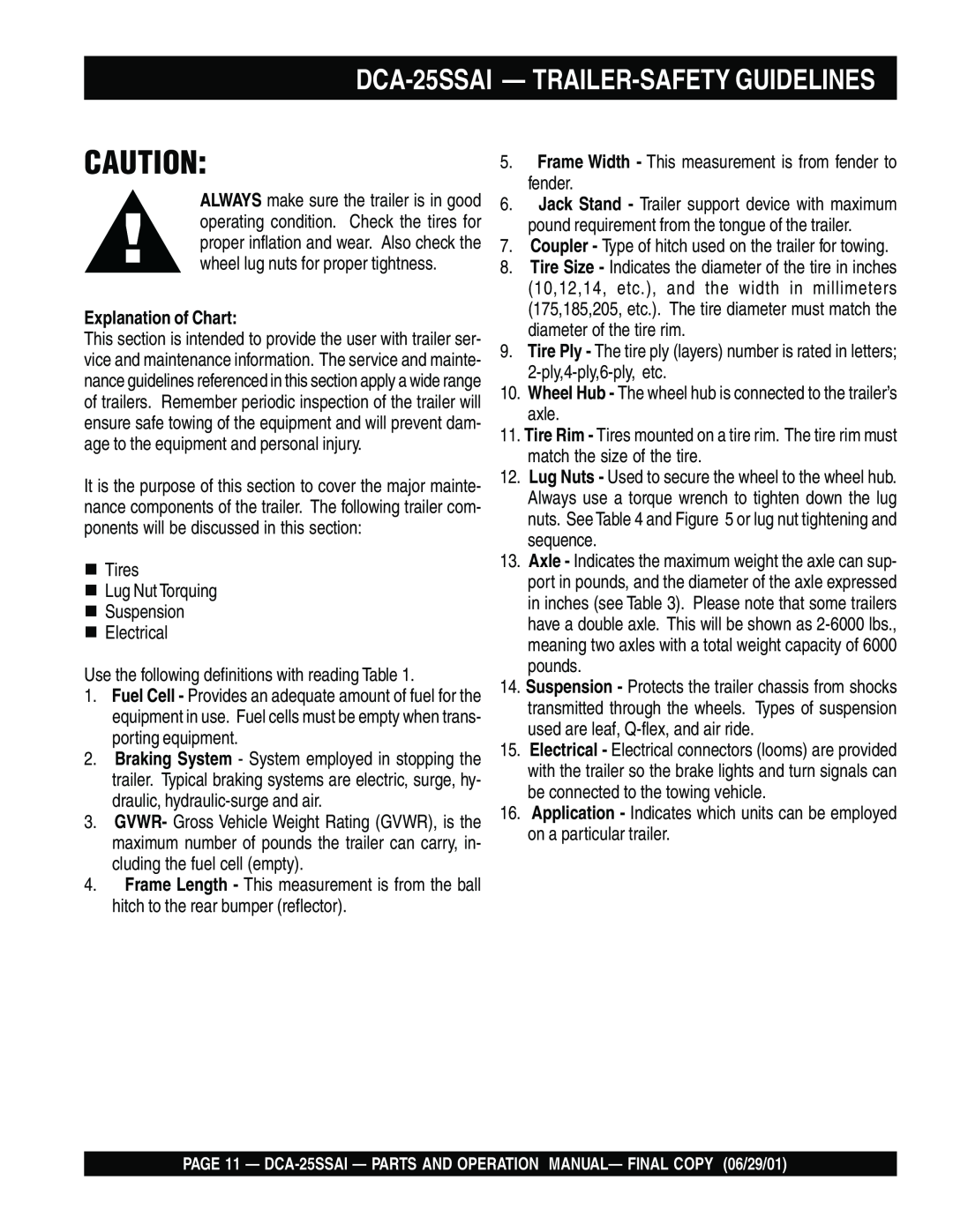 Multiquip operation manual DCA-25SSAI - TRAILER-SAFETY GUIDELINES, Explanation of Chart 