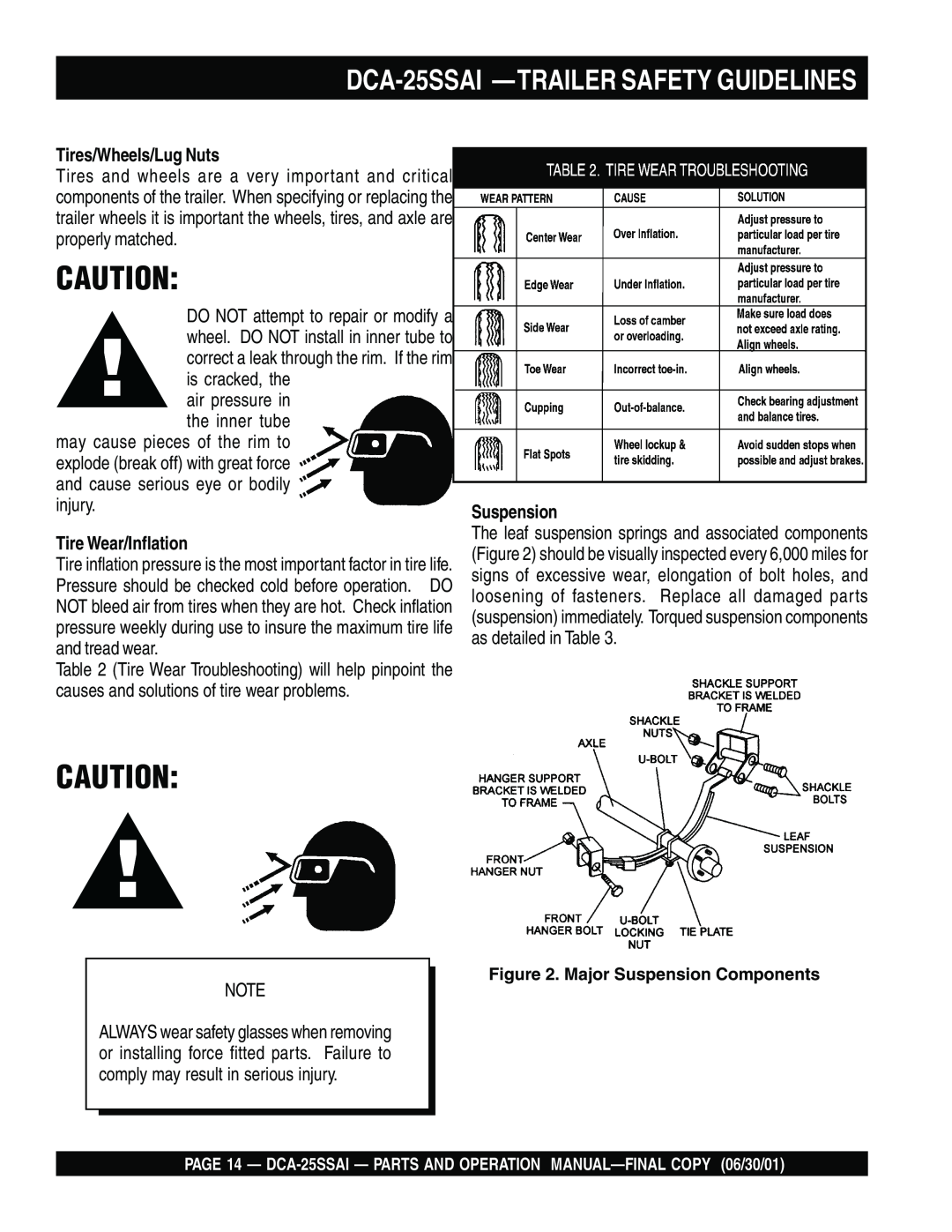 Multiquip operation manual DCA-25SSAI -TRAILER SAFETY GUIDELINES, Tires/Wheels/Lug Nuts, Tire Wear/Inflation, Suspension 