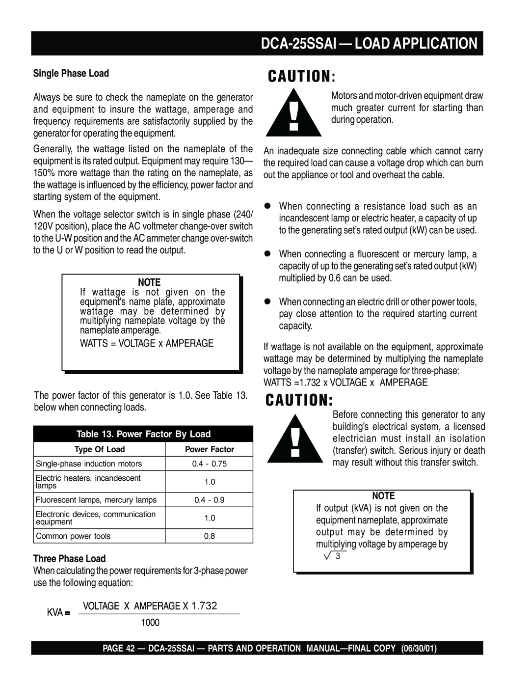Multiquip operation manual DCA-25SSAI - LOAD APPLICATION, Single Phase Load, Three Phase Load 