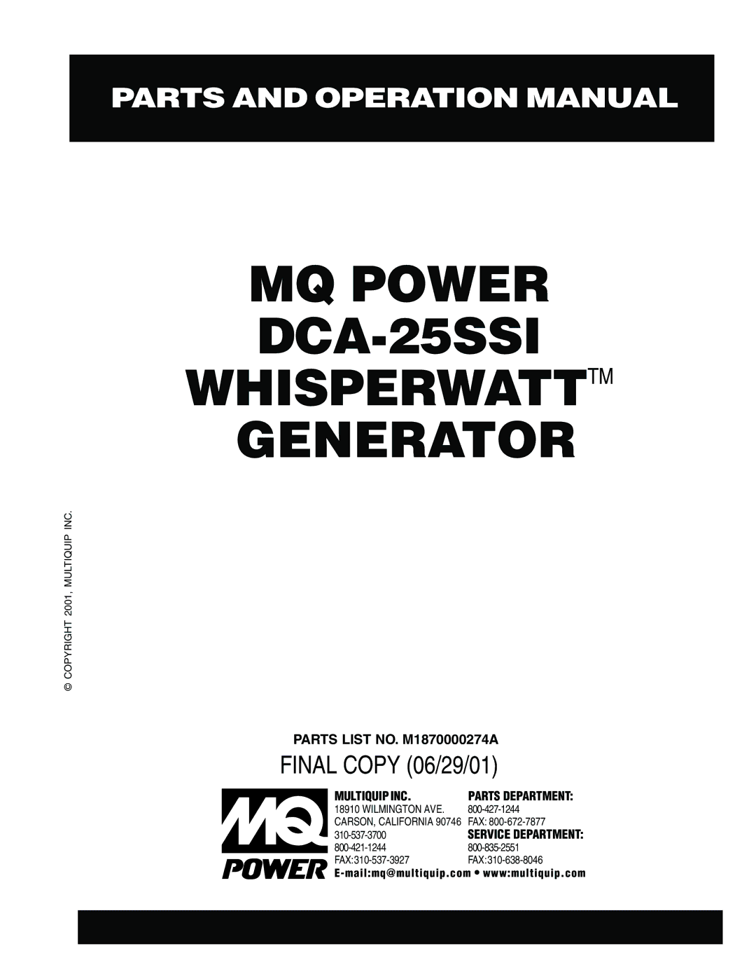 Multiquip operation manual MQ Power DCA-25SSI Whisperwatttm Generator 