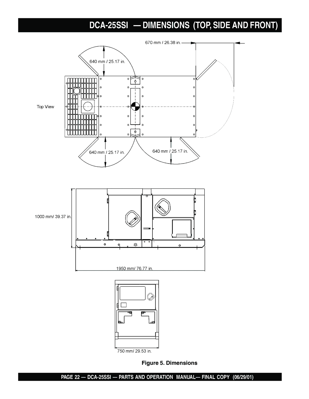 Multiquip operation manual DCA-25SSI Dimensions TOP, Side and Front 