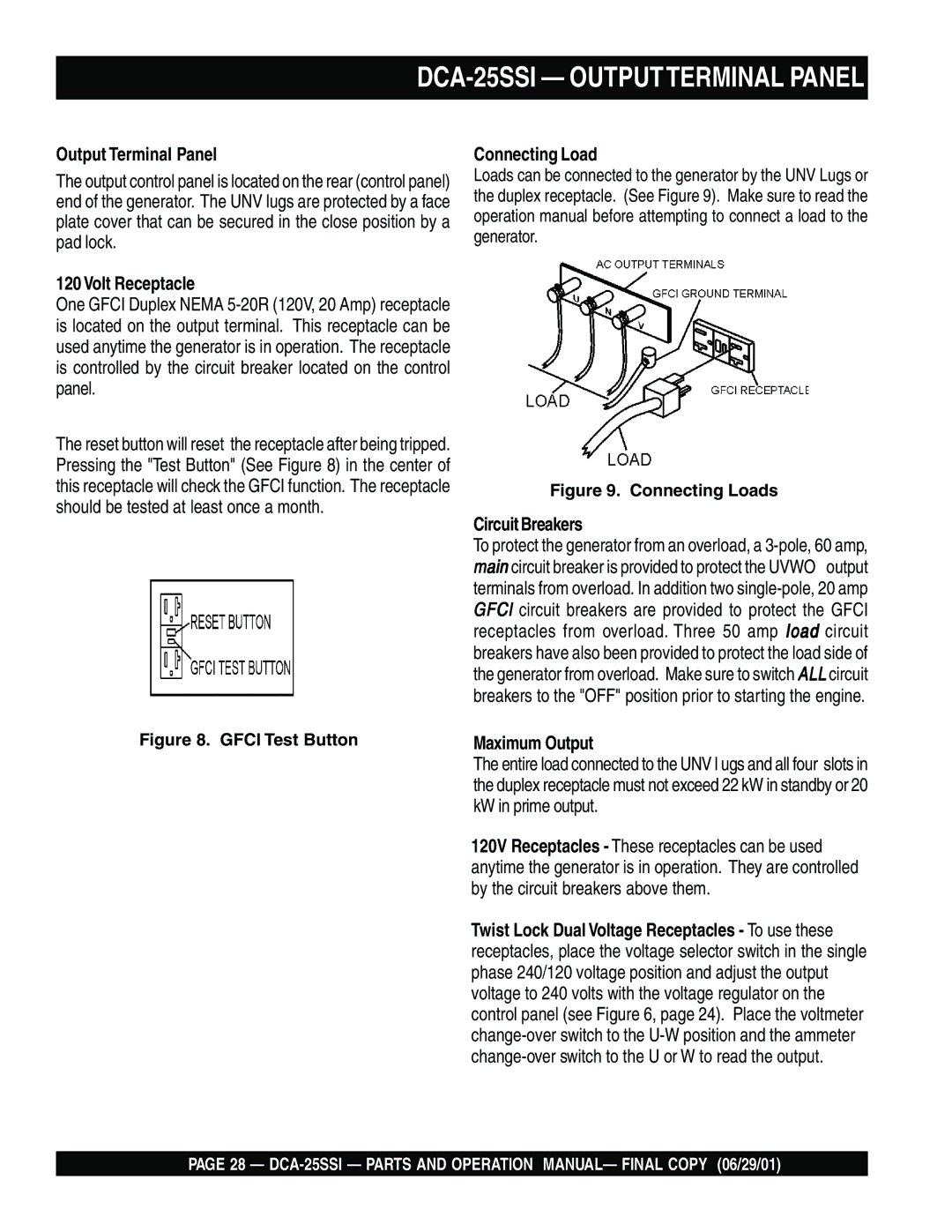 Multiquip DCA-25SSI operation manual Volt Receptacle, Connecting Load, Circuit Breakers, Maximum Output 