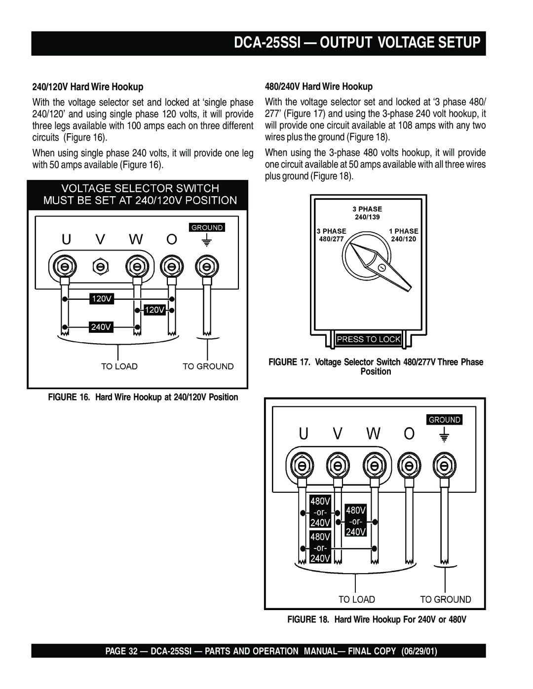 Multiquip operation manual DCA-25SSI Output Voltage Setup, 240/120V Hard Wire Hookup 