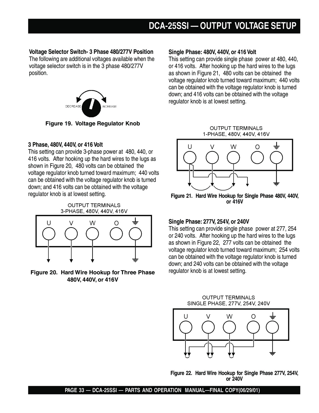 Multiquip DCA-25SSI operation manual Phase, 480V, 440V, or 416 Volt, Single Phase 277V, 254V, or 