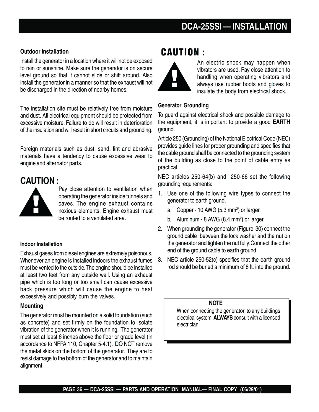 Multiquip operation manual DCA-25SSI Installation, Outdoor Installation, Mounting 