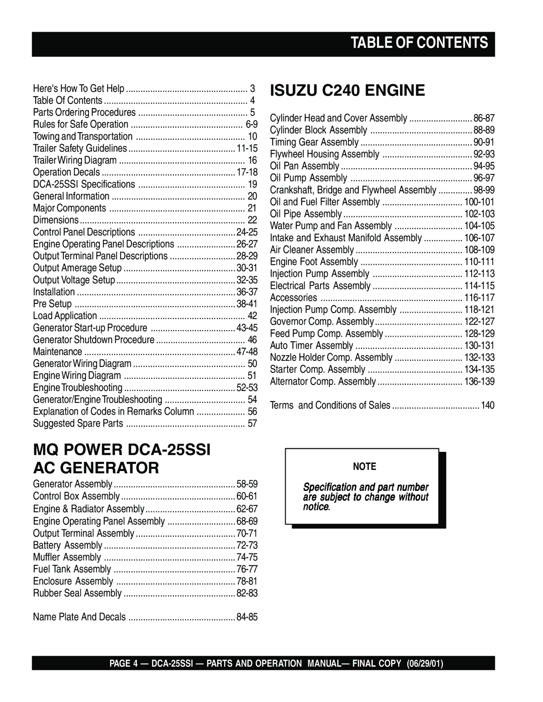 Multiquip DCA-25SSI operation manual Table of Contents 