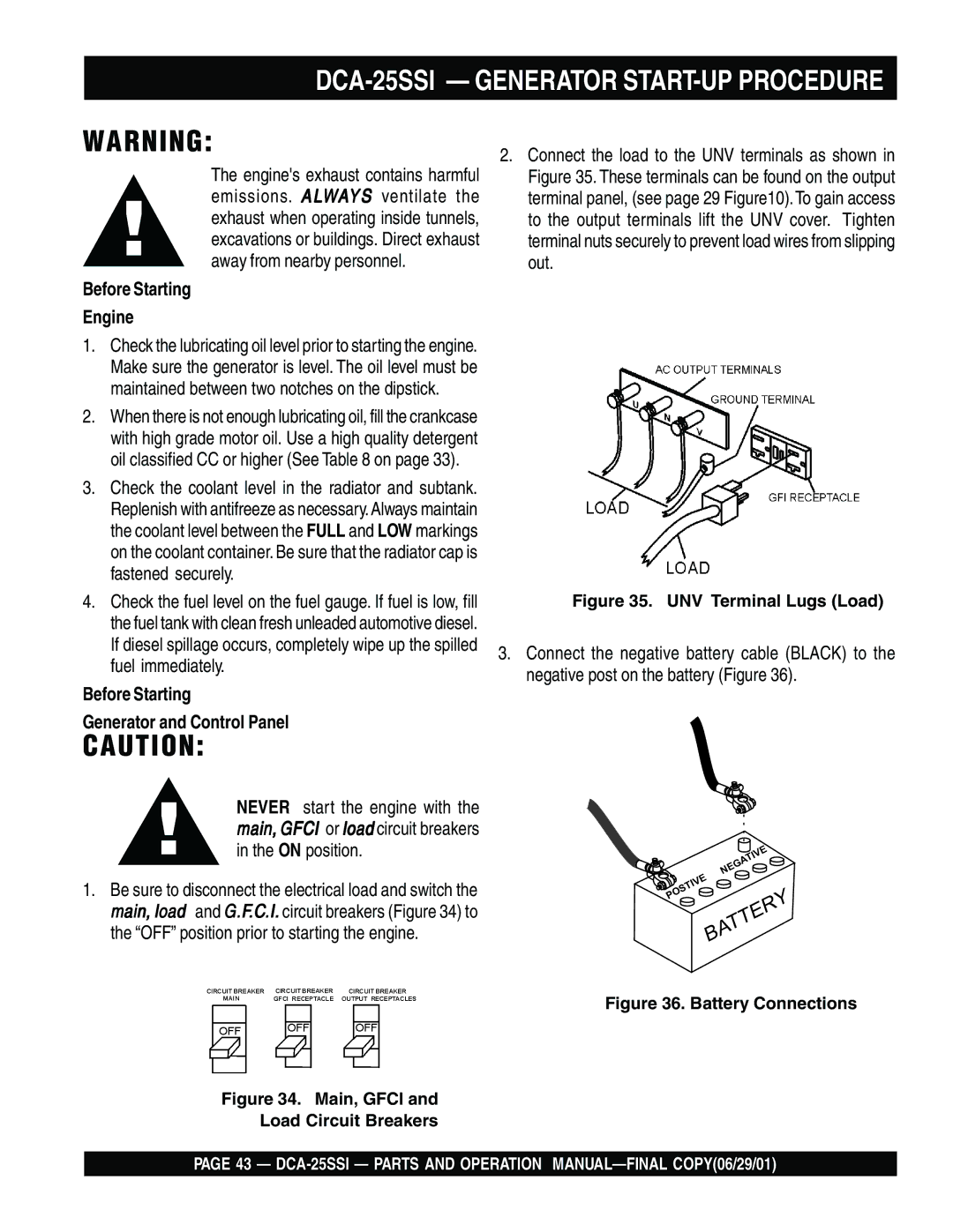 Multiquip DCA-25SSI operation manual Before Starting Engine, Before Starting Generator and Control Panel 