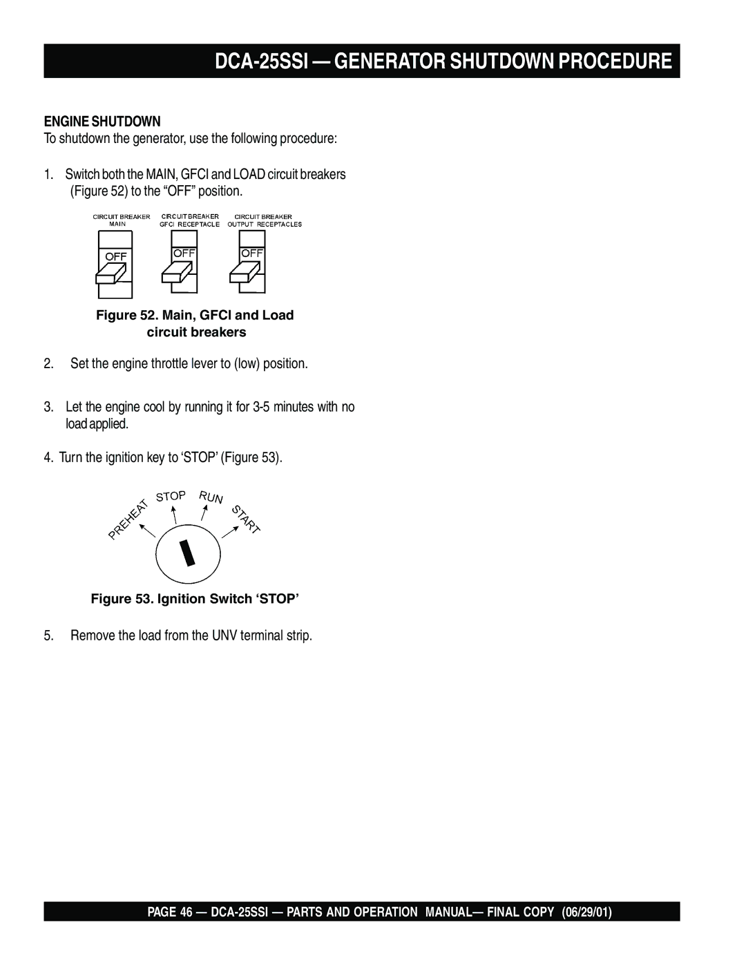 Multiquip operation manual DCA-25SSI Generator Shutdown Procedure, Engine Shutdown 