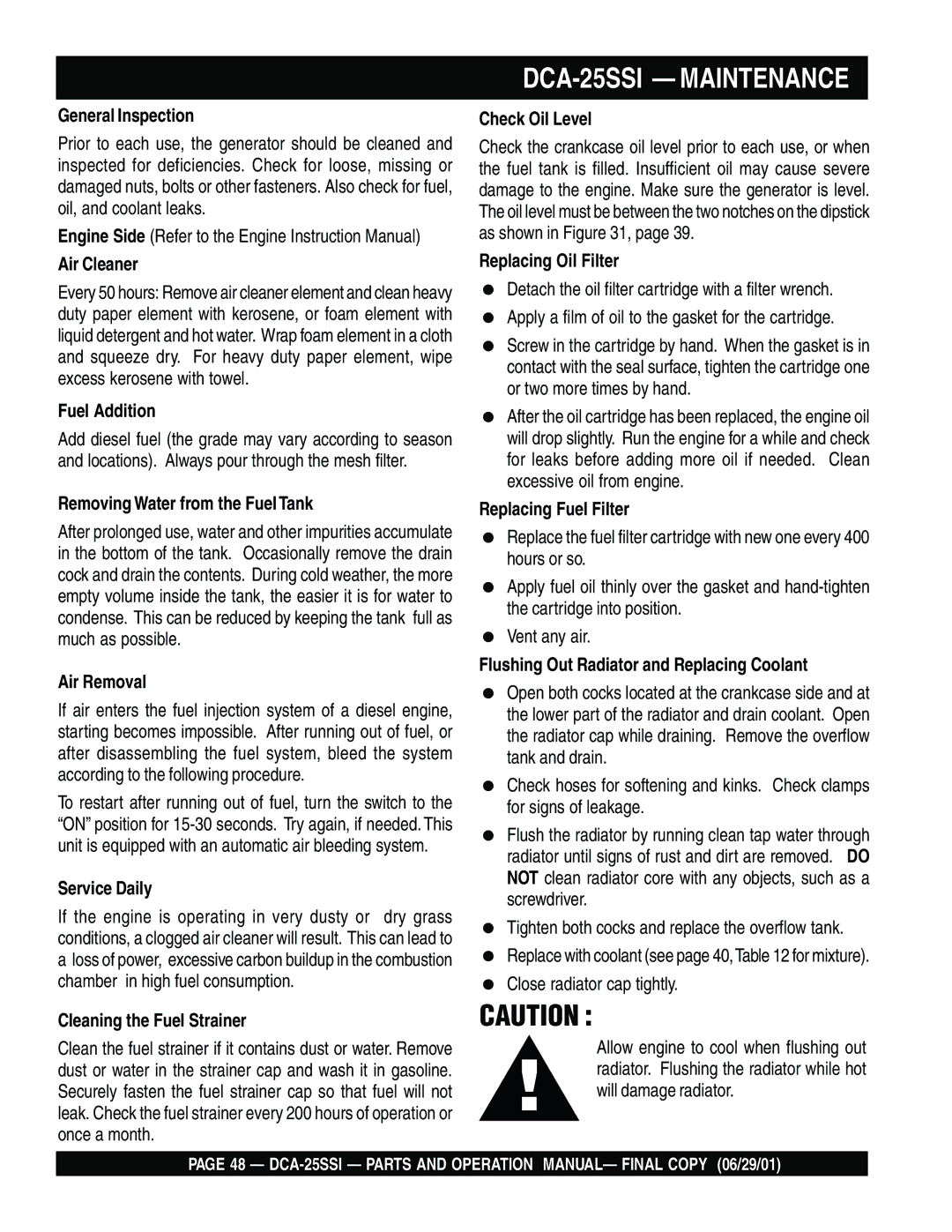 Multiquip operation manual DCA-25SSI Maintenance 