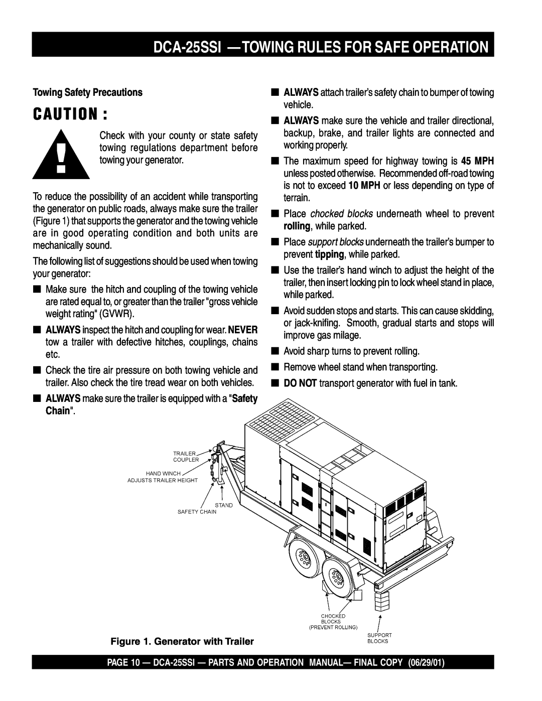 Multiquip operation manual DCA-25SSI —TOWINGRULES FOR SAFE OPERATION, Towing Safety Precautions 
