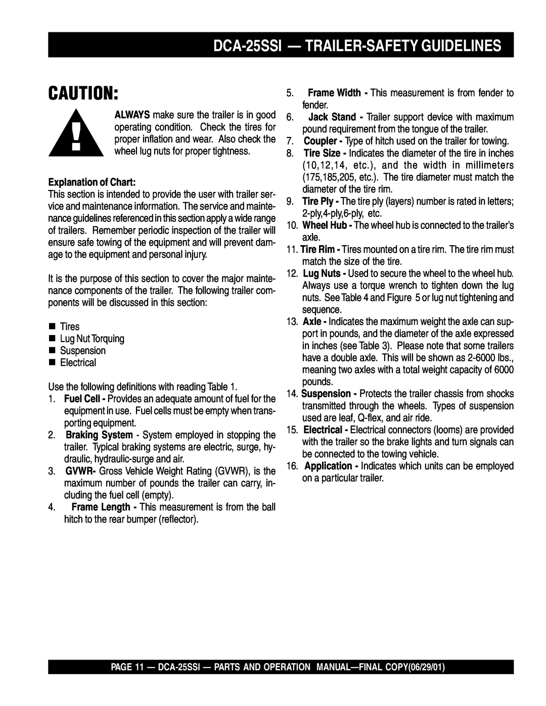 Multiquip operation manual DCA-25SSI— TRAILER-SAFETYGUIDELINES, Explanation of Chart 