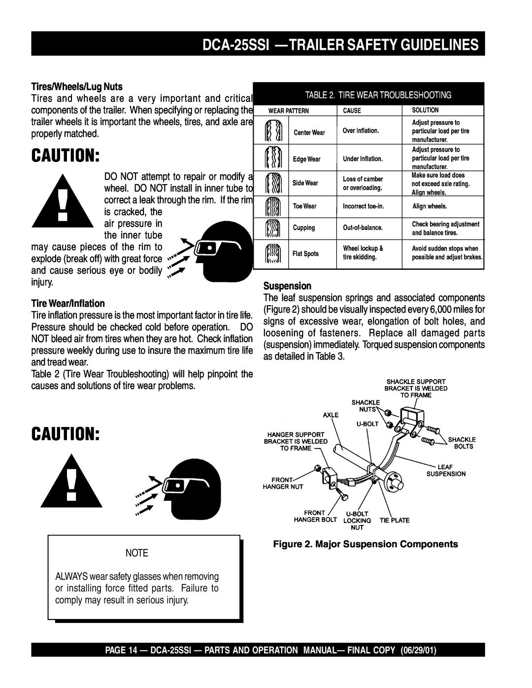 Multiquip operation manual DCA-25SSI —TRAILERSAFETY GUIDELINES, Tires/Wheels/Lug Nuts, Tire Wear/Inflation, Suspension 