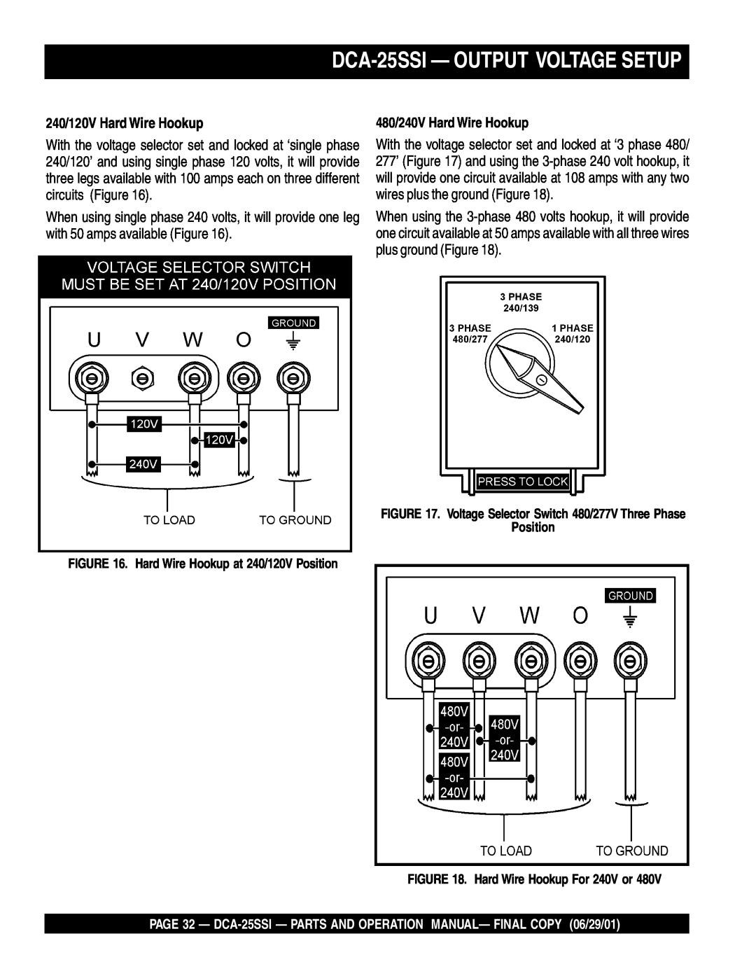 Multiquip operation manual DCA-25SSI— OUTPUT VOLTAGE SETUP, 240/120V Hard Wire Hookup 