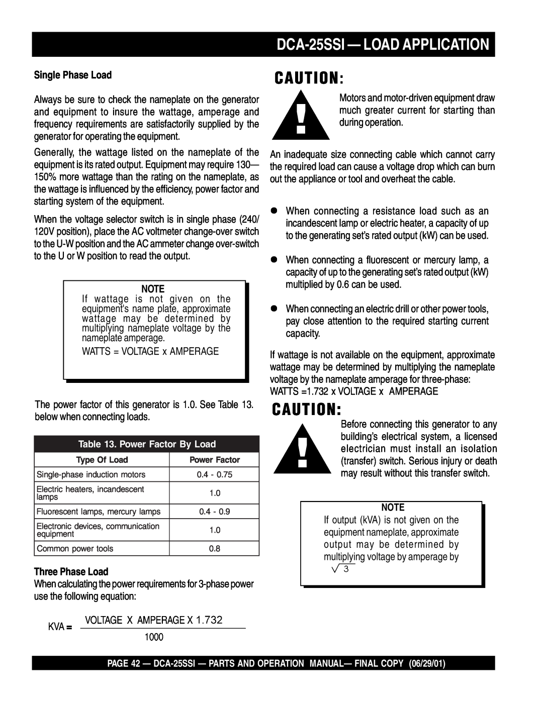 Multiquip operation manual DCA-25SSI— LOAD APPLICATION, Single Phase Load, Three Phase Load 