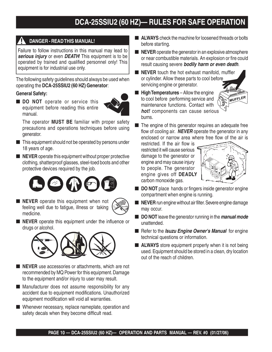 Multiquip operation manual DCA-25SSIU2 60 HZ- Rules for Safe Operation, General Safety, Burns 