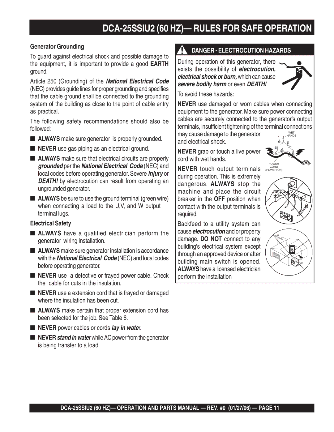 Multiquip operation manual DCA-25SSIU2 60 HZ- Rules for Safe Operation, Generator Grounding, Electrical Safety 