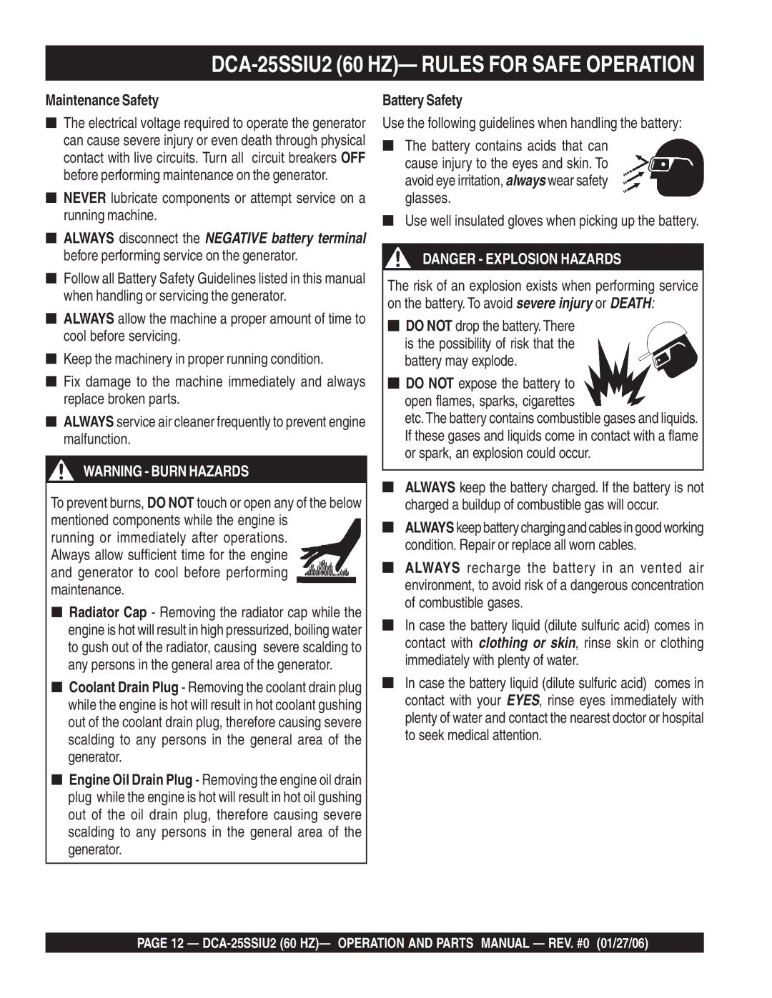 Multiquip DCA-25SSIU2 operation manual Maintenance Safety, Battery Safety 