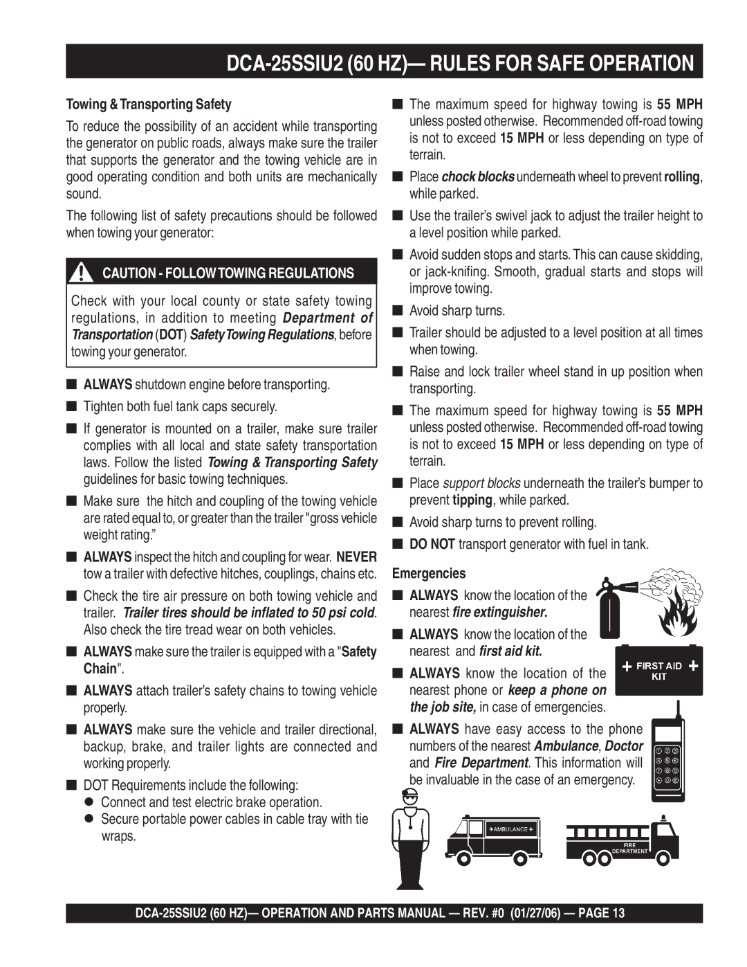 Multiquip DCA-25SSIU2 operation manual Towing &Transporting Safety, Emergencies 