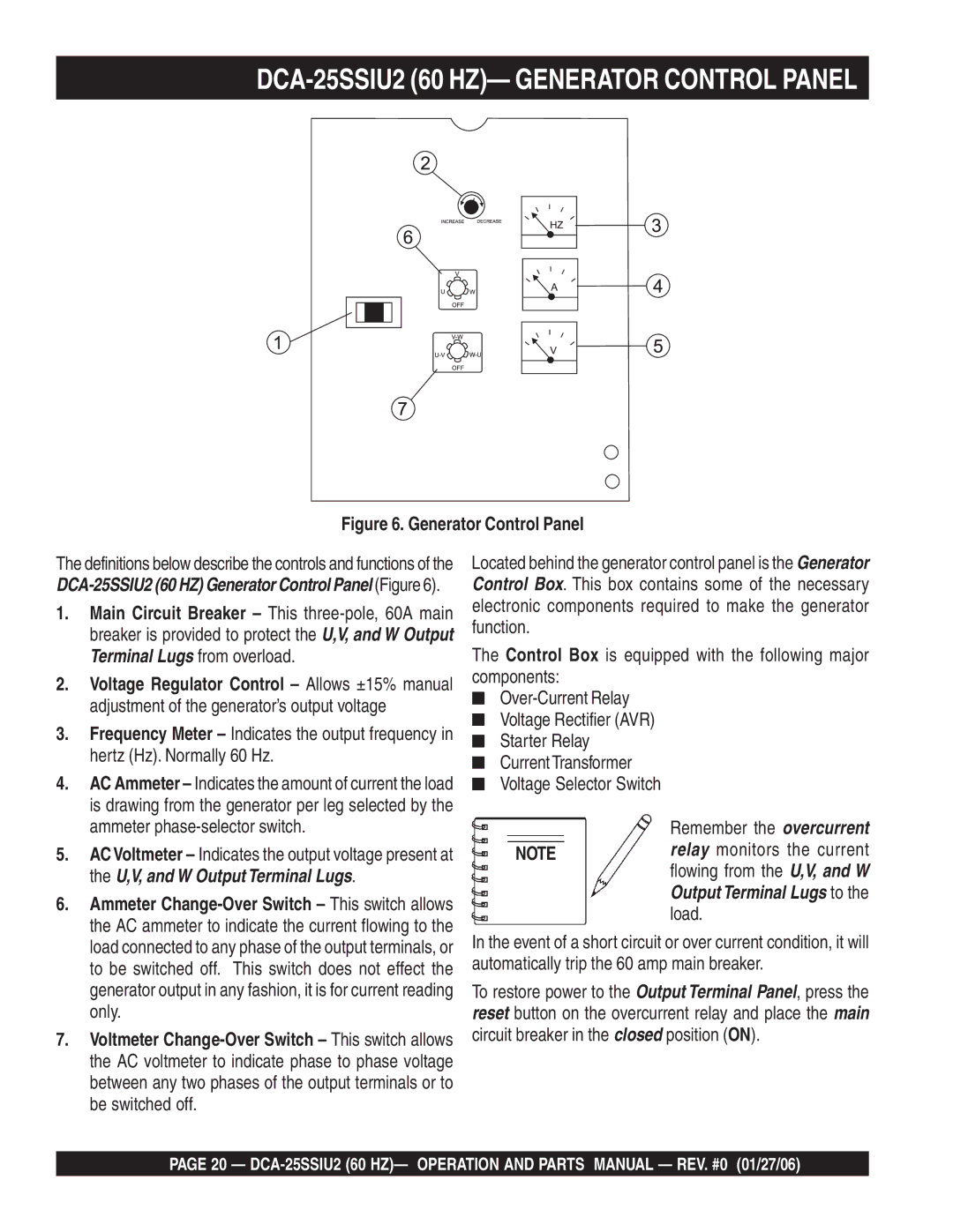 Multiquip operation manual DCA-25SSIU2 60 HZ- Generator Control Panel 