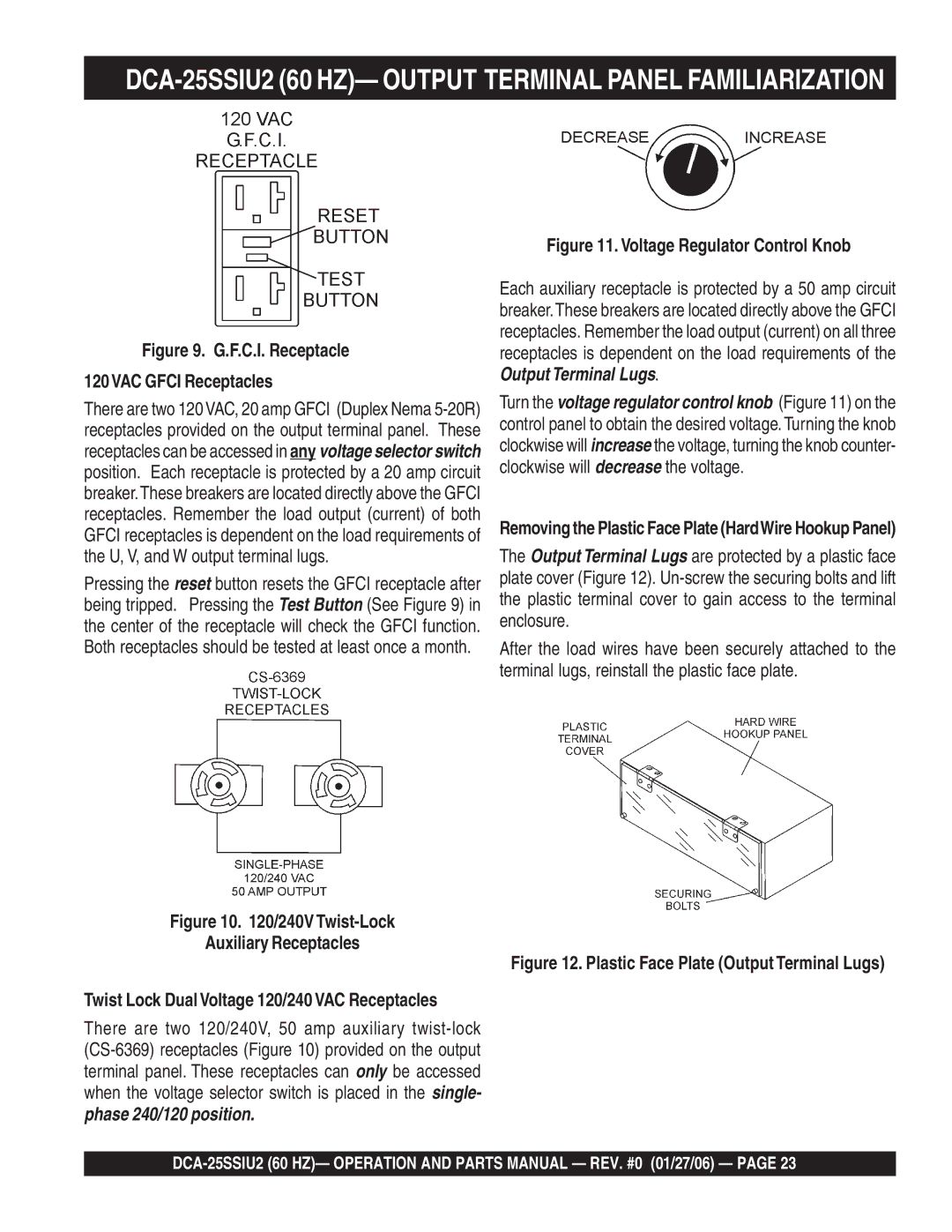 Multiquip DCA-25SSIU2 60 HZ- Output Terminal Panel Familiarization, F.C.I. Receptacle 120VAC Gfci Receptacles 