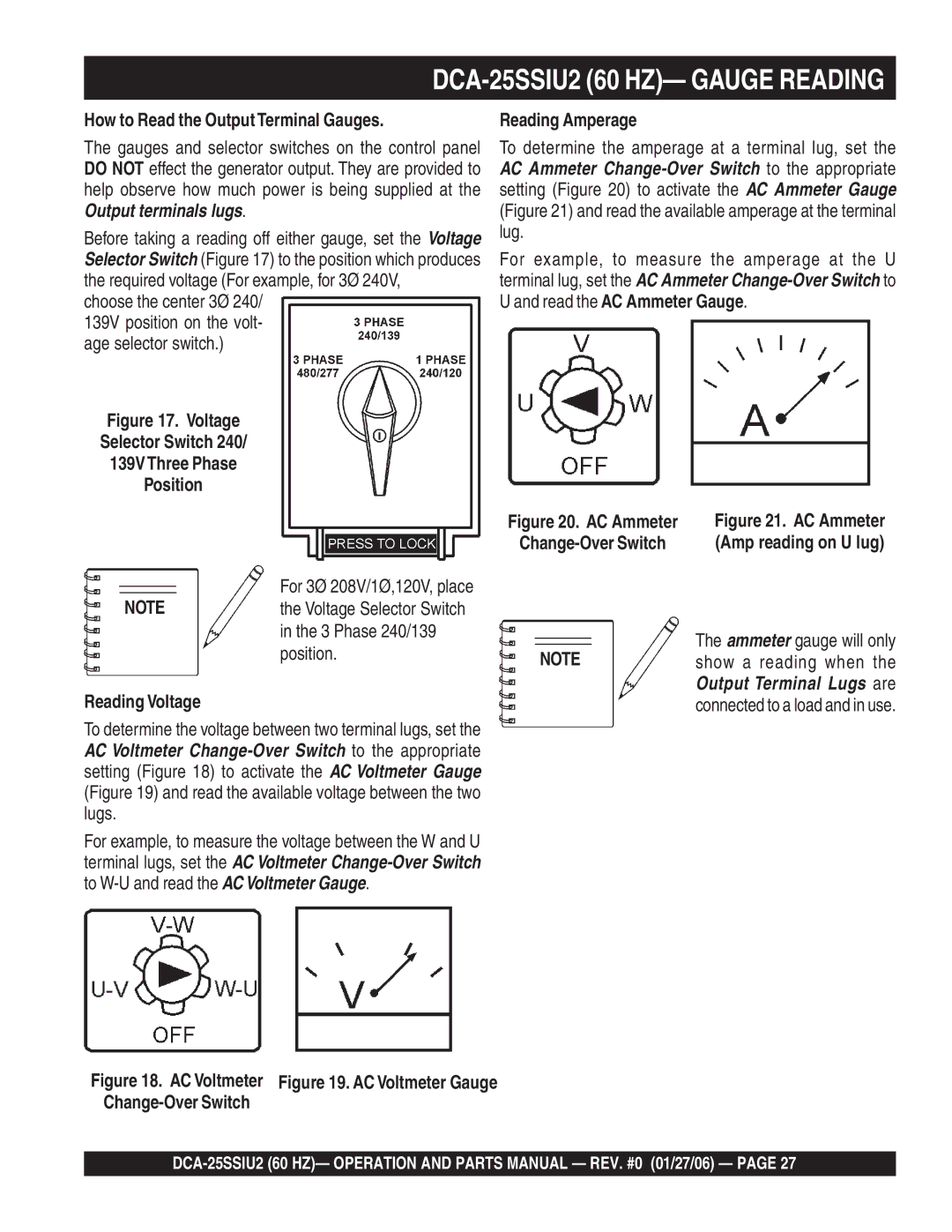 Multiquip operation manual DCA-25SSIU2 60 HZ- Gauge Reading, How to Read the OutputTerminal Gauges, Reading Amperage 