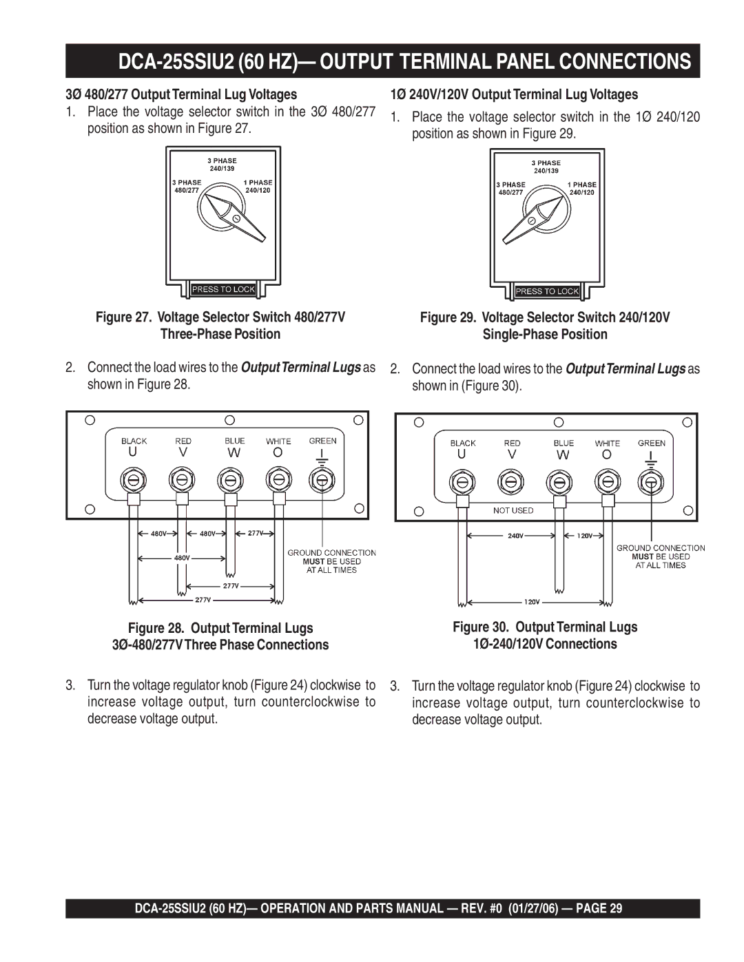 Multiquip operation manual DCA-25SSIU2 60 HZ- Output Terminal Panel Connections, 3Ø 480/277 Output Terminal Lug Voltages 