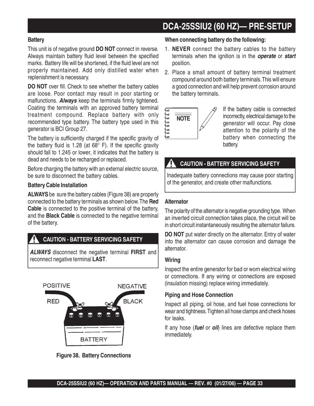 Multiquip DCA-25SSIU2 Battery Cable Installation, When connecting battery do the following, Alternator, Wiring 