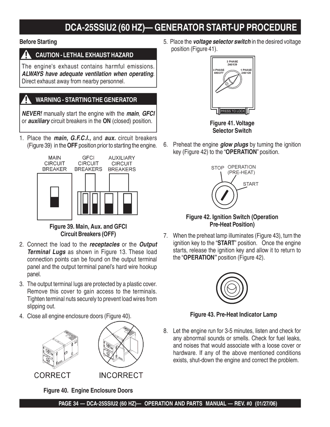 Multiquip DCA-25SSIU2 60 HZ- Generator START-UP Procedure, Before Starting, Engines exhaust contains harmful emissions 