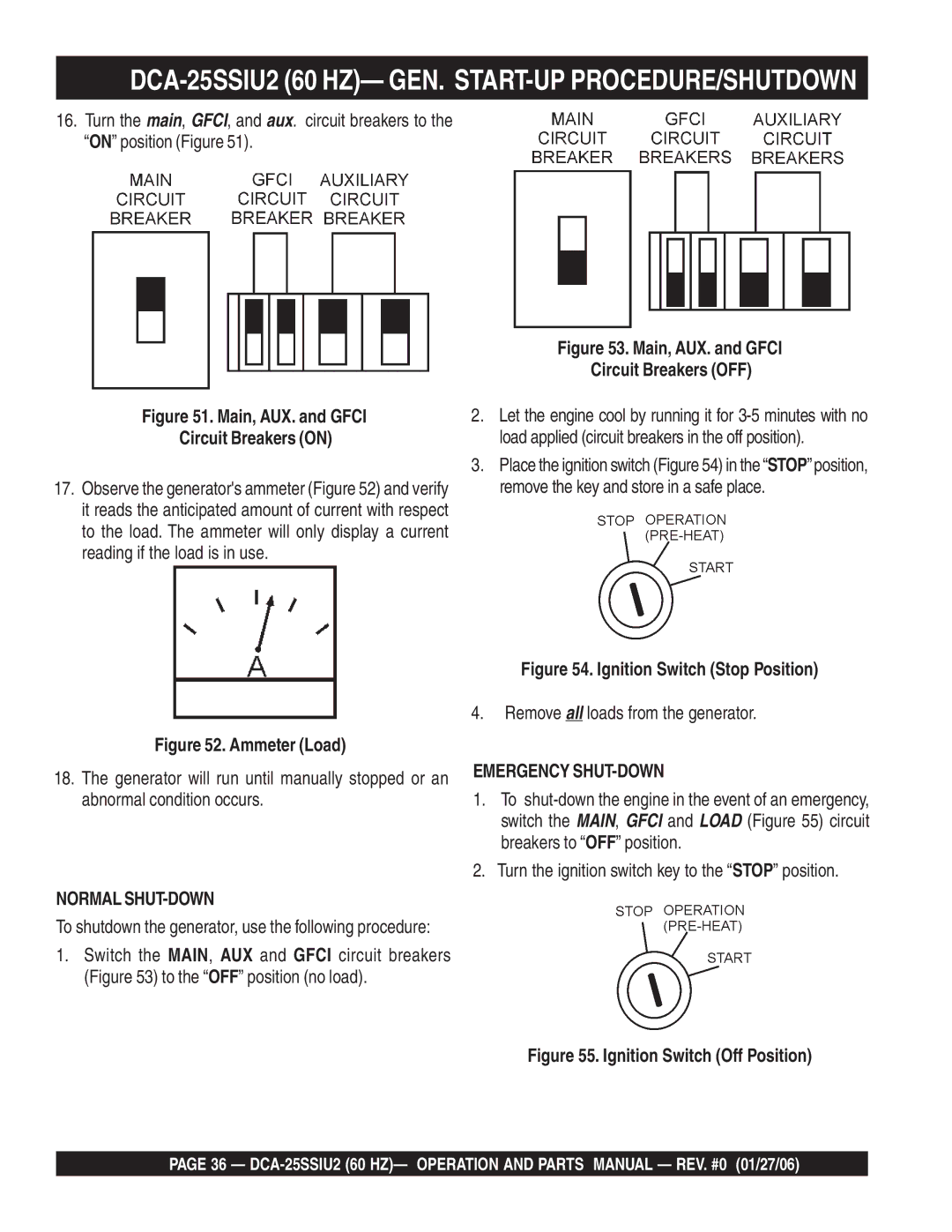 Multiquip operation manual DCA-25SSIU2 60 HZ- GEN. START-UP PROCEDURE/SHUTDOWN, Remove all loads from the generator 