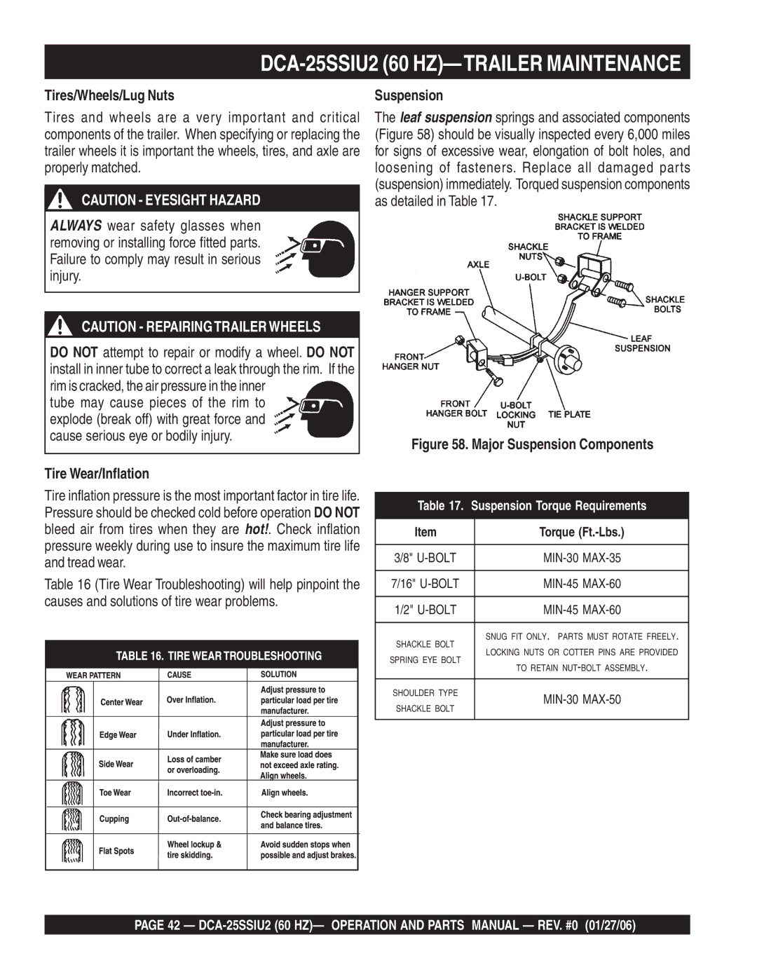 Multiquip DCA-25SSIU2 operation manual Tires/Wheels/Lug Nuts, Tire Wear/Inflation, Suspension 