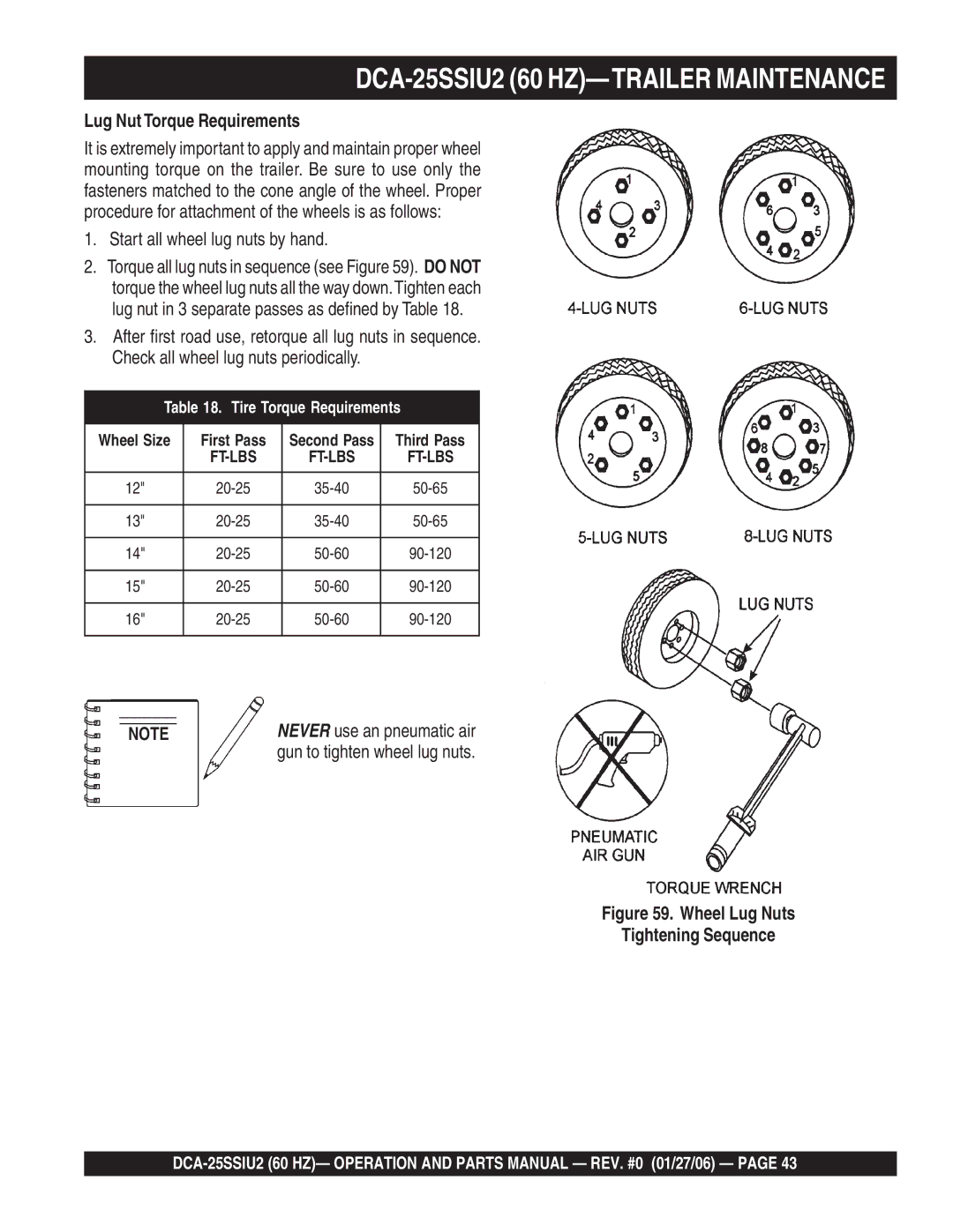 Multiquip DCA-25SSIU2 60 HZ-TRAILER Maintenance, Lug Nut Torque Requirements, Start all wheel lug nuts by hand 