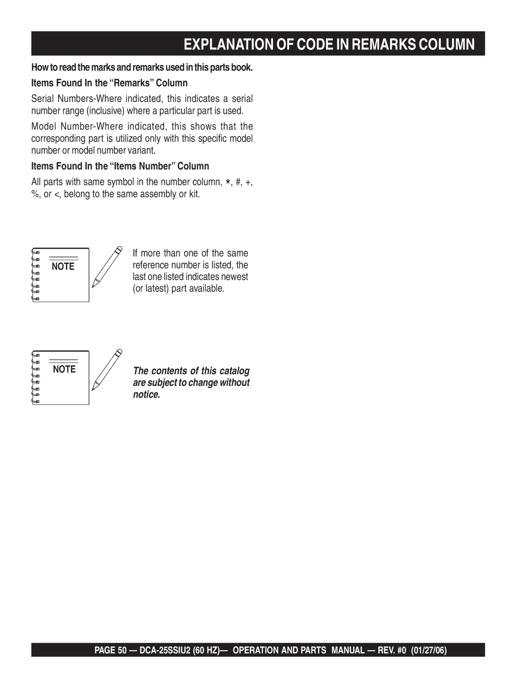 Multiquip DCA-25SSIU2 operation manual Explanation of Code in Remarks Column, Items Found In the Items Number Column 