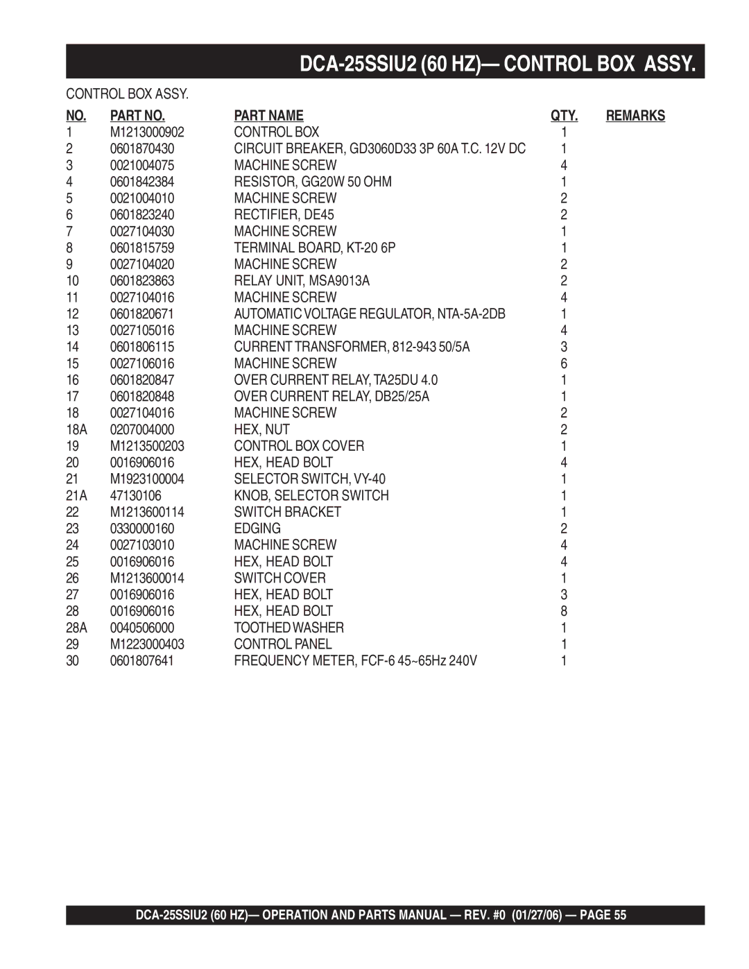 Multiquip DCA-25SSIU2 M1213000902, 0601870430, 0021004075, 0601842384, 0021004010, 0601823240, 0027104030, 0601815759 