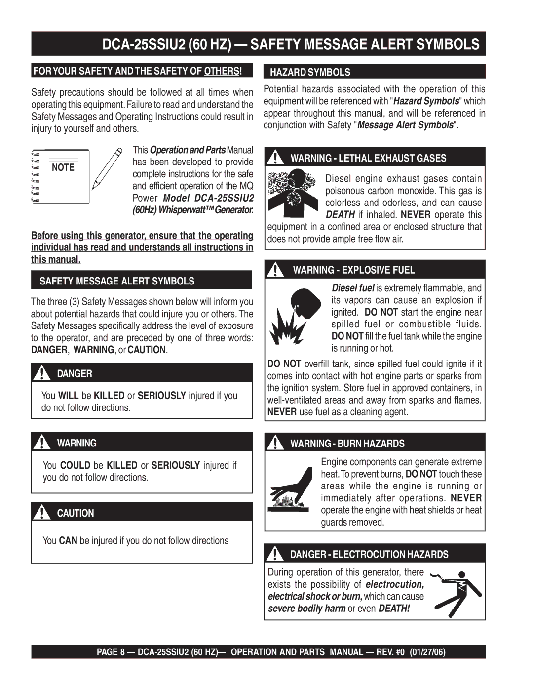 Multiquip operation manual DCA-25SSIU2 60 HZ Safety Message Alert Symbols, Has been developed to provide 