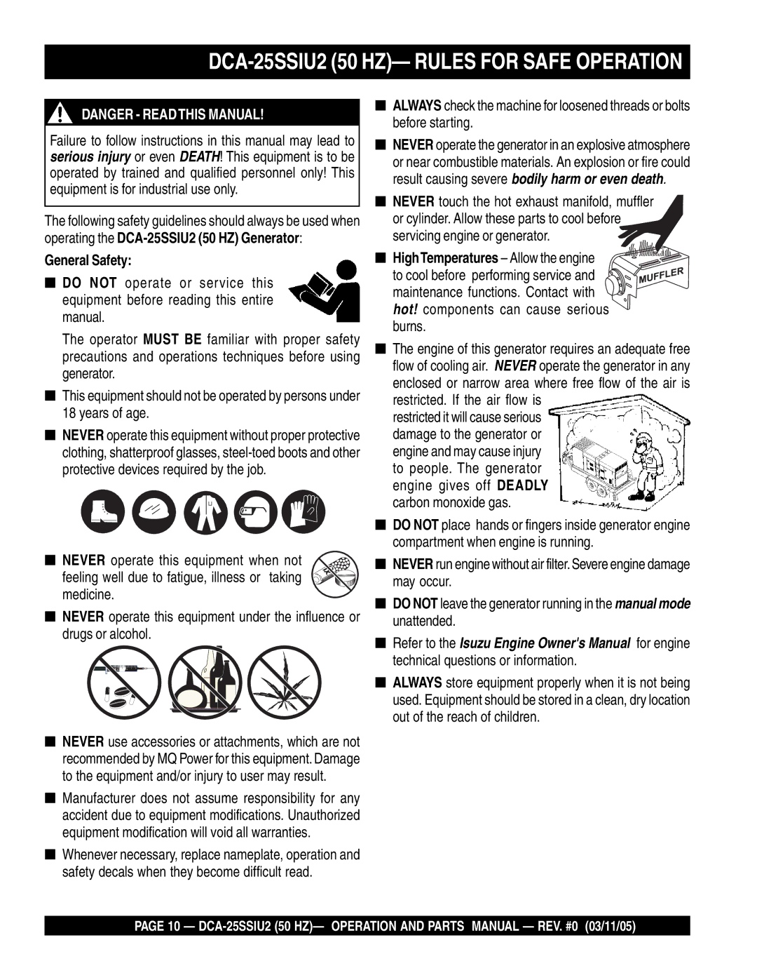 Multiquip operation manual DCA-25SSIU2 50 HZ- Rules for Safe Operation, General Safety 