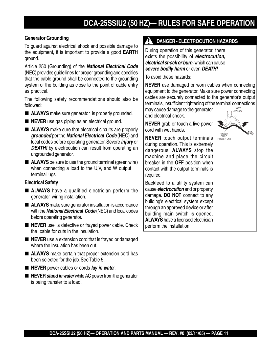 Multiquip DCA-25SSIU2 operation manual Generator Grounding, Electrical Safety 