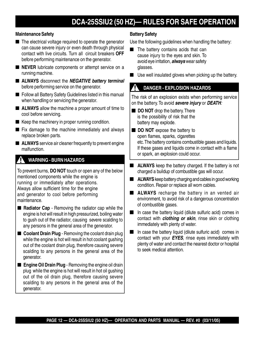 Multiquip DCA-25SSIU2 operation manual Maintenance Safety, Battery Safety 