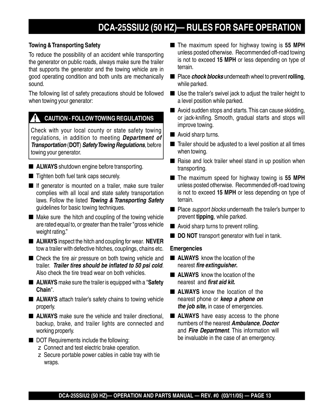 Multiquip DCA-25SSIU2 operation manual Towing &Transporting Safety, Emergencies 