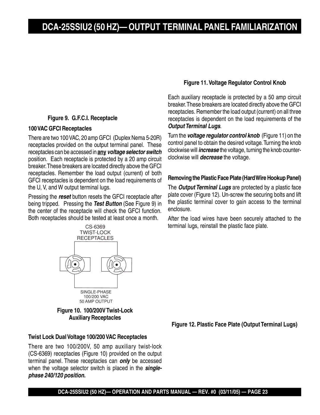 Multiquip operation manual DCA-25SSIU2 50 HZ- Output Terminal Panel Familiarization 