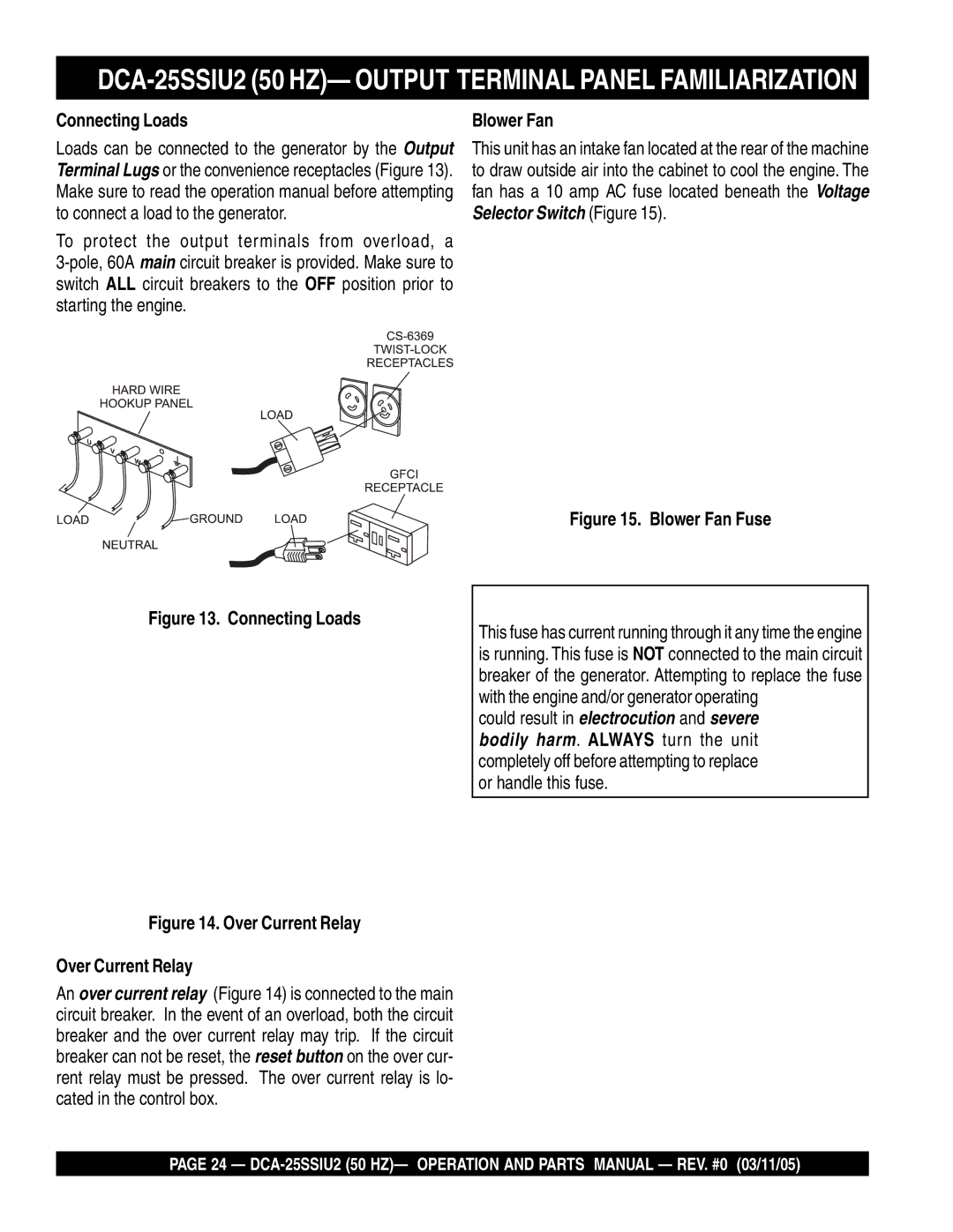 Multiquip DCA-25SSIU2 operation manual Connecting Loads, Blower Fan 