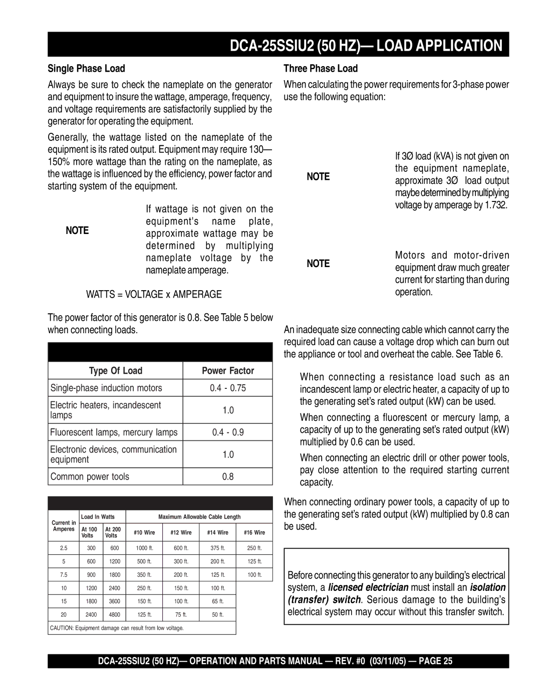 Multiquip operation manual DCA-25SSIU2 50 HZ- Load Application, Single Phase Load, Three Phase Load 