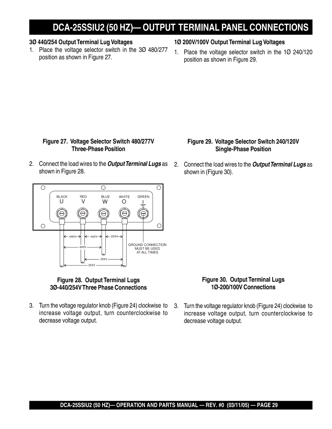 Multiquip DCA-25SSIU2 operation manual 3Ø 440/254 Output Terminal Lug Voltages, 1Ø 200V/100V Output Terminal Lug Voltages 