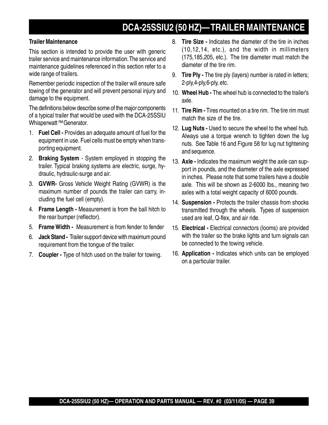 Multiquip operation manual DCA-25SSIU2 50 HZ-TRAILER Maintenance, Trailer Maintenance 