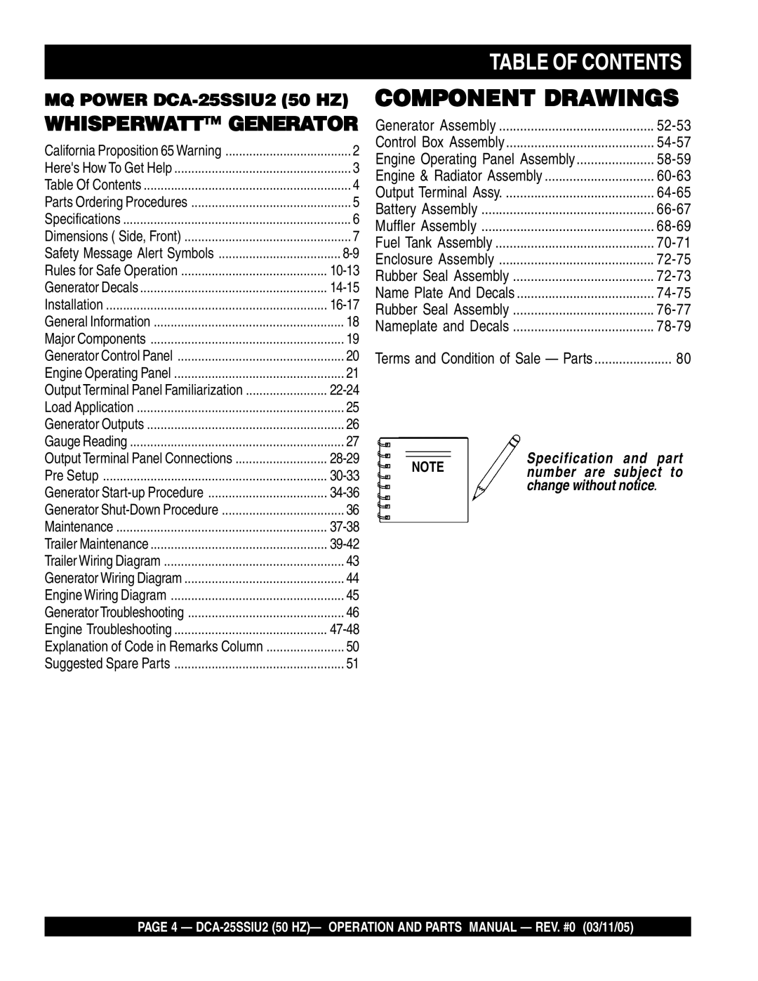 Multiquip DCA-25SSIU2 operation manual Table of Contents 