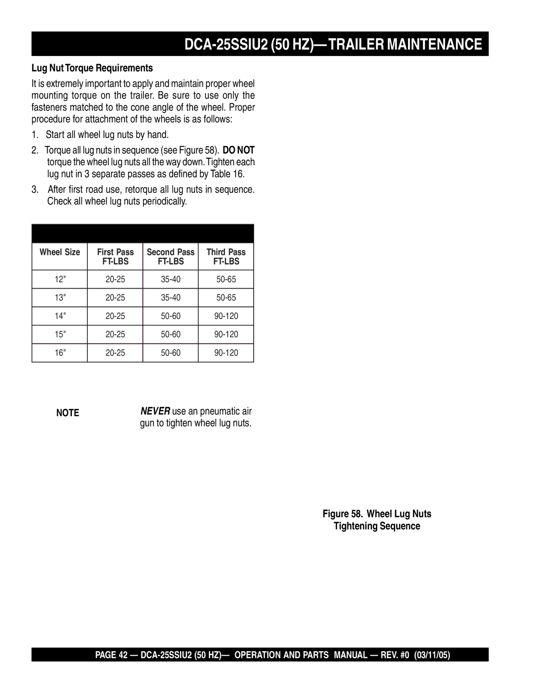 Multiquip operation manual DCA-25SSIU2 50 HZ-TRAILER Maintenance, Lug Nut Torque Requirements 