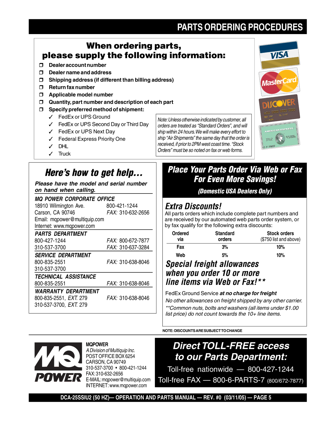 Multiquip DCA-25SSIU2 Parts Ordering Procedures, When ordering parts Please supply the following information 
