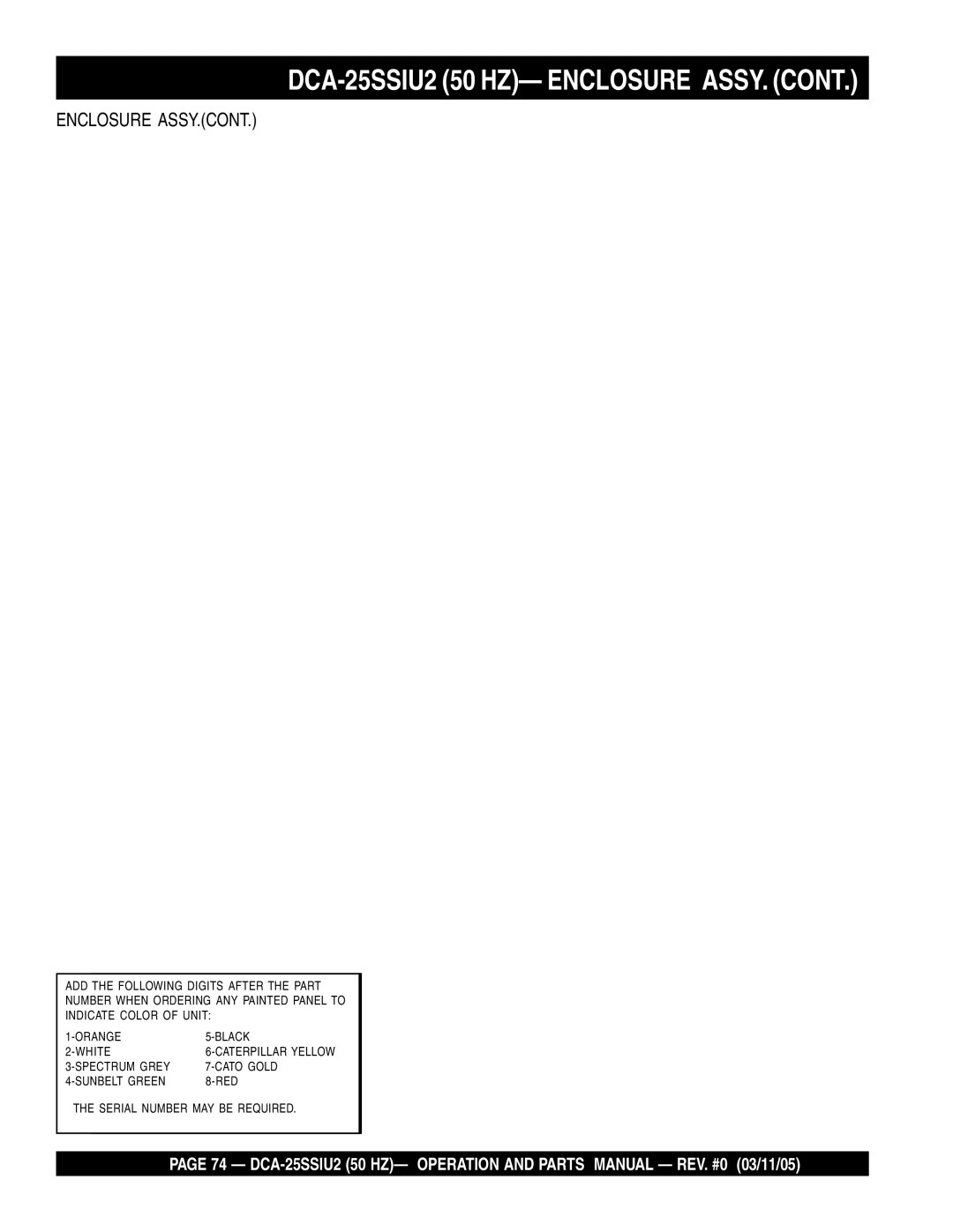 Multiquip operation manual DCA-25SSIU2 50 HZ- Enclosure ASSY, Enclosure ASSY.CONT 