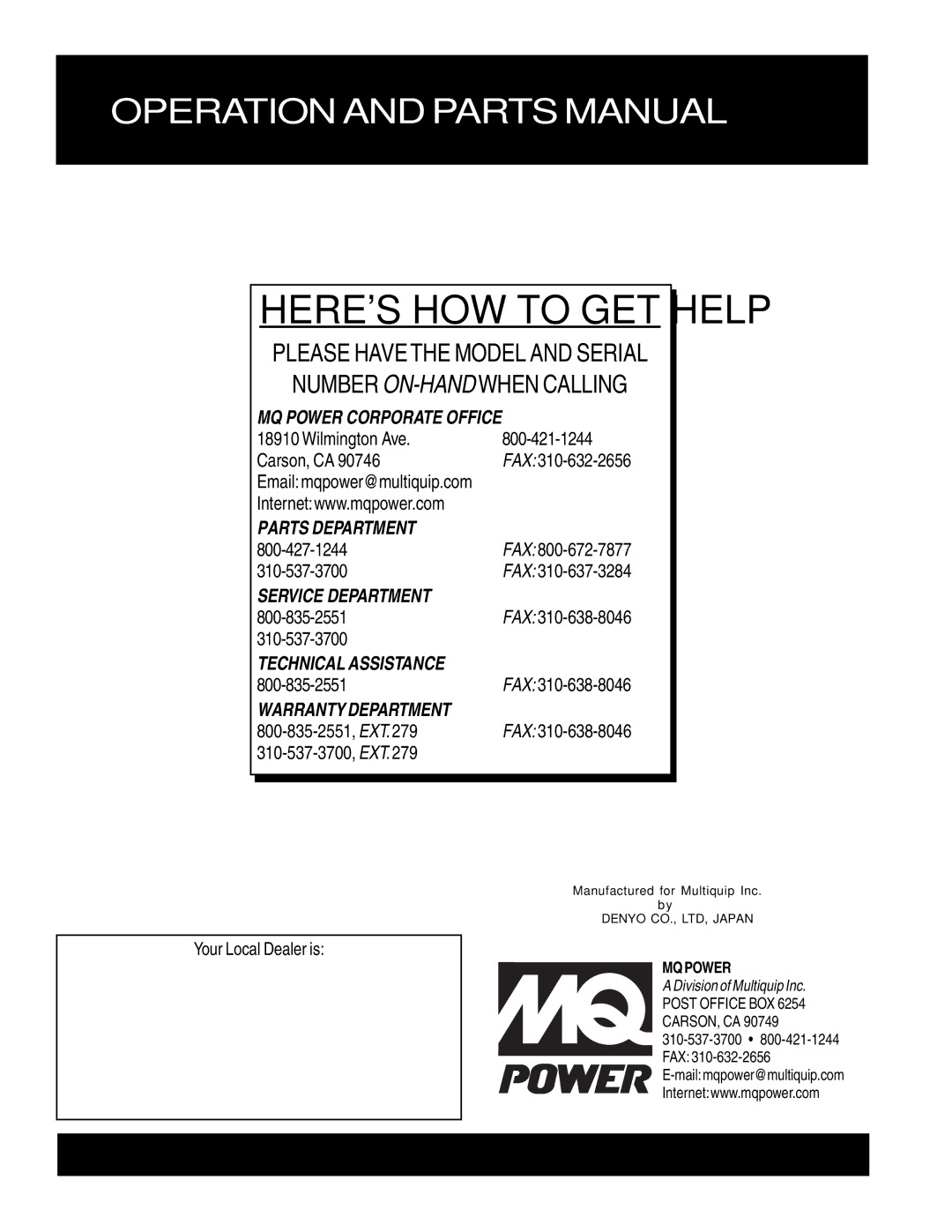 Multiquip DCA-25SSIU2 operation manual Please have the Model and Serial Number ON-HANDWHEN Calling 